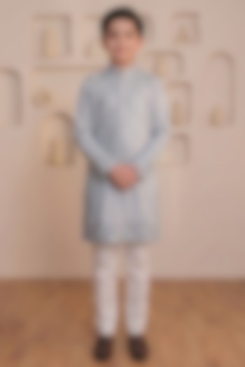 Slate Grey Cotton Mirror Work Kurta Set For Boys by Prateek Munjal Kids at Pernia's Pop Up Shop