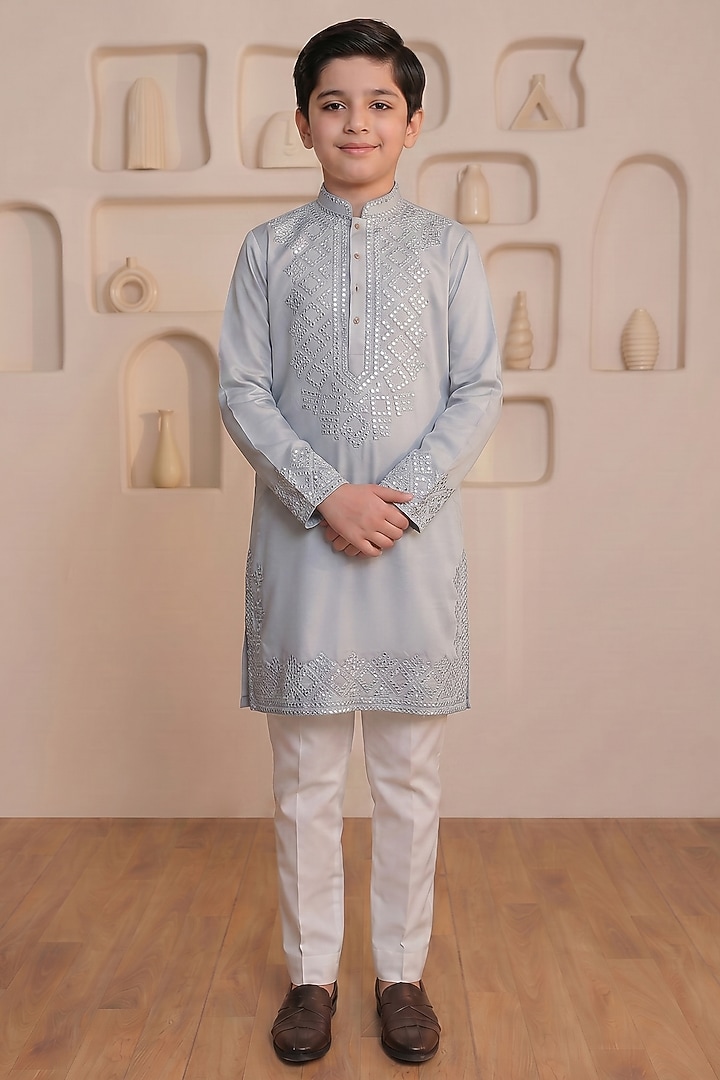 Slate Grey Cotton Mirror Work Kurta Set For Boys by Prateek Munjal Kids at Pernia's Pop Up Shop