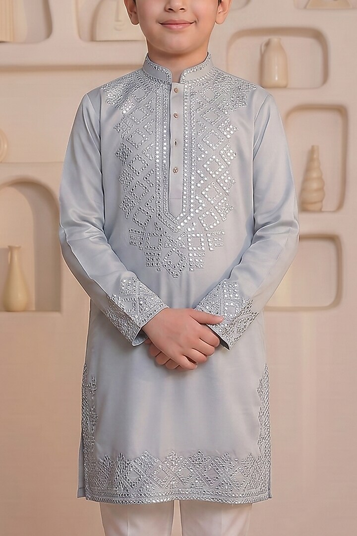 Slate Grey Cotton Mirror Work Kurta Set For Boys by Prateek Munjal Kids at Pernia's Pop Up Shop