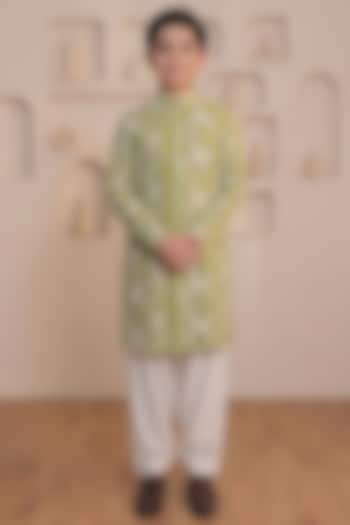 Mint Green Knitted Cotton Floral Motif Kurta Set For Boys by Prateek Munjal Kids at Pernia's Pop Up Shop