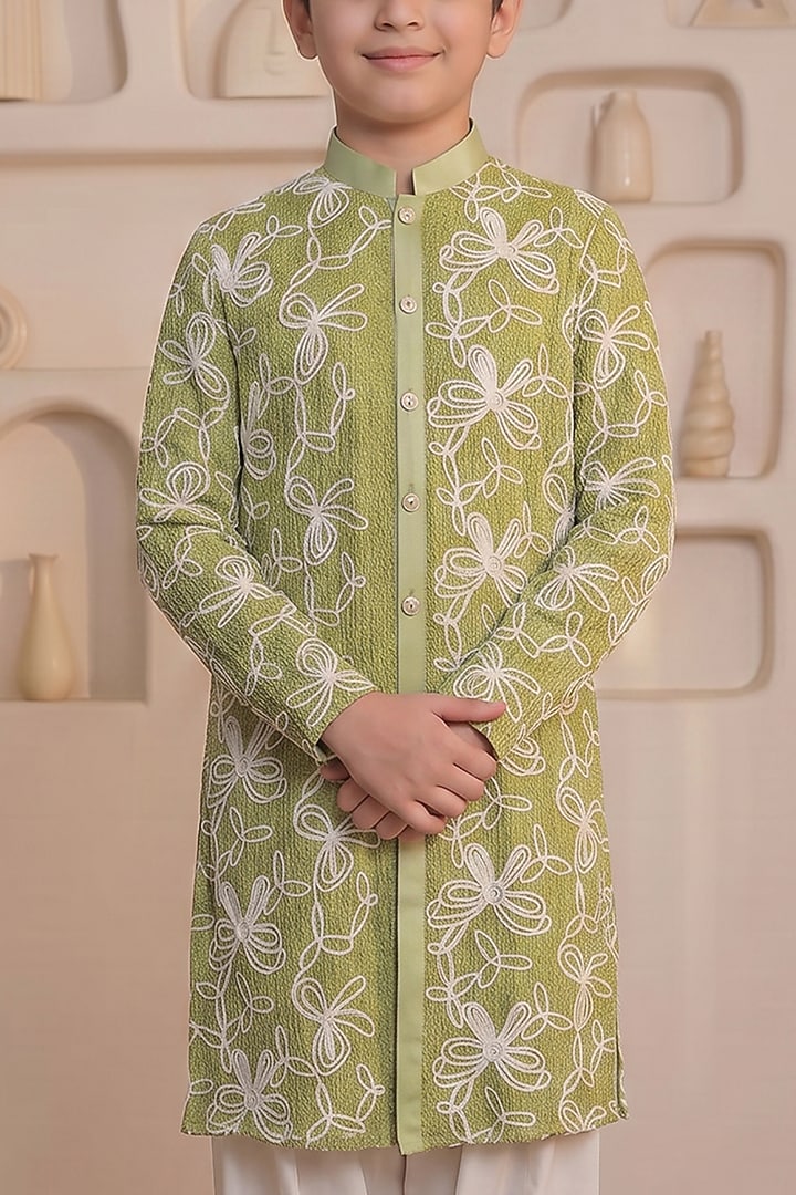 Mint Green Knitted Cotton Floral Motif Kurta Set For Boys by Prateek Munjal Kids at Pernia's Pop Up Shop
