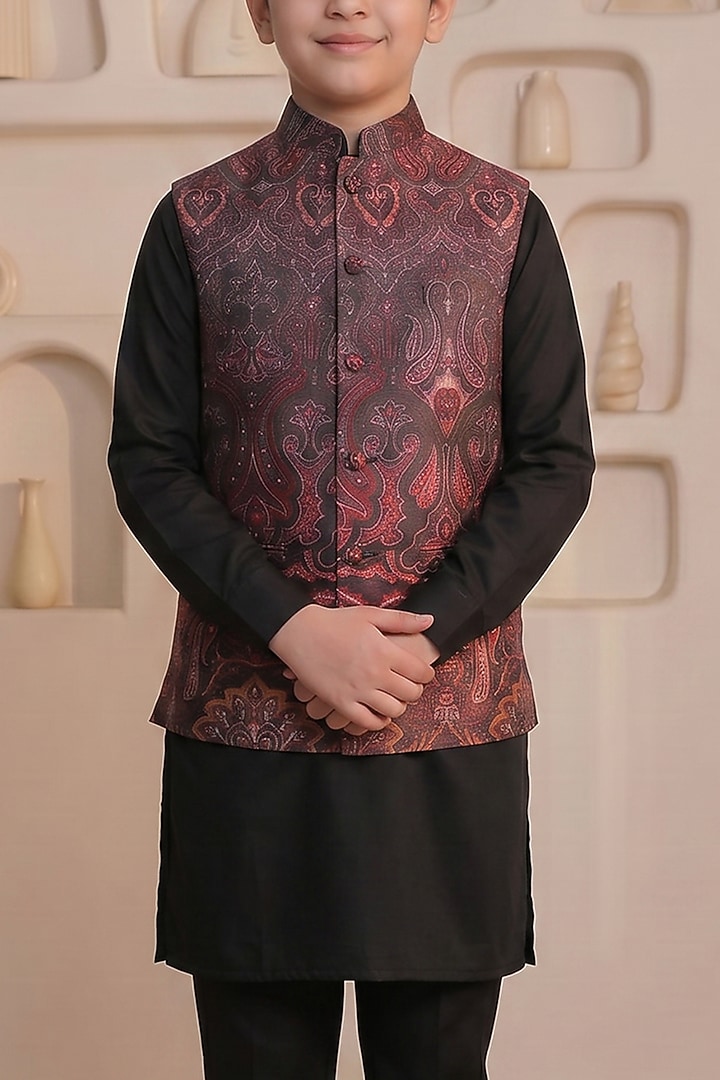 Wine Silk Paisley Embroidered Bundi Jacket Set For Boys by Prateek Munjal Kids at Pernia's Pop Up Shop