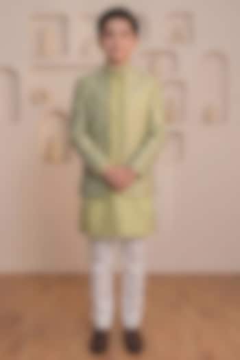 Mint Green Silk Thread Embroidered Shrug-Style Jacket Set For Boys by Prateek Munjal Kids at Pernia's Pop Up Shop