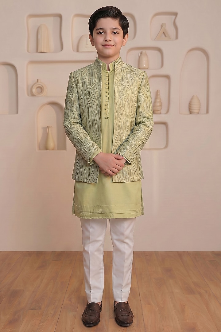 Mint Green Silk Thread Embroidered Shrug-Style Jacket Set For Boys by Prateek Munjal Kids at Pernia's Pop Up Shop
