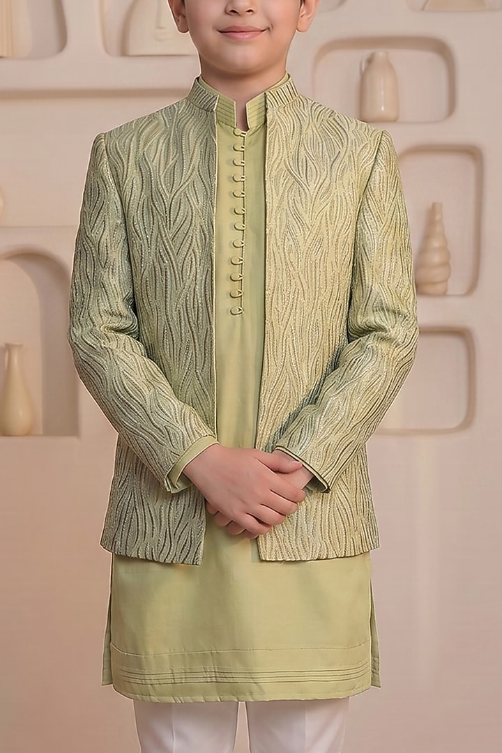 Mint Green Silk Thread Embroidered Shrug-Style Jacket Set For Boys by Prateek Munjal Kids at Pernia's Pop Up Shop