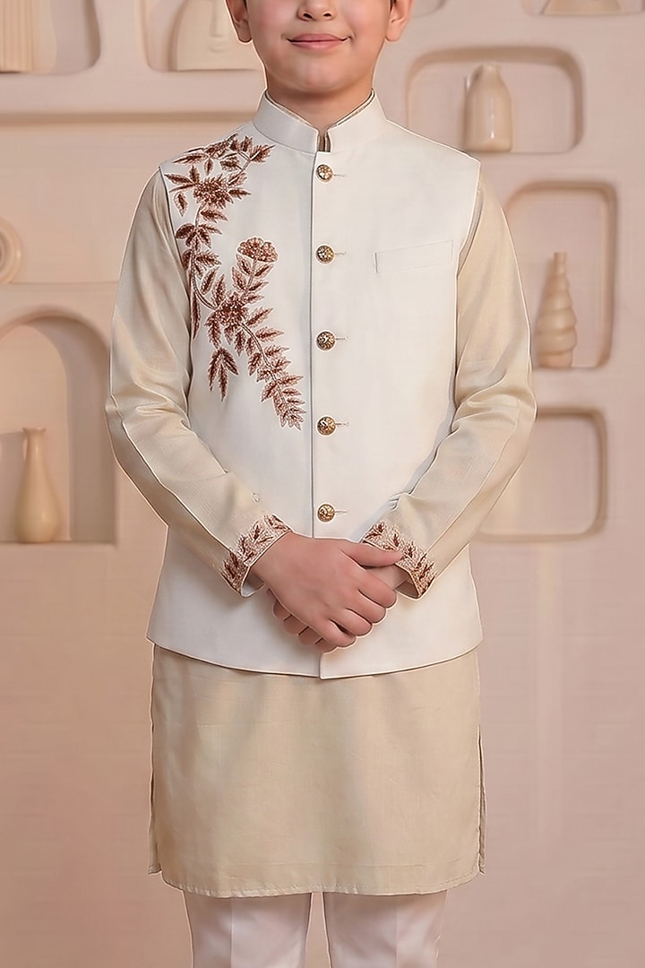 Off-White Cotton Embroidered Nehru Jacket Set For Boys by Prateek Munjal Kids at Pernia's Pop Up Shop