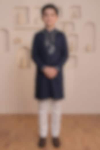 Blue Cotton Mirror Work Kurta Set For Boys by Prateek Munjal Kids at Pernia's Pop Up Shop