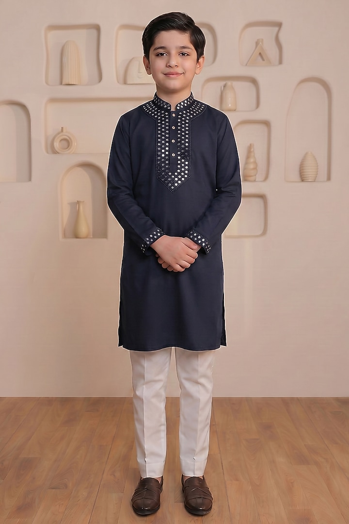 Blue Cotton Mirror Work Kurta Set For Boys by Prateek Munjal Kids at Pernia's Pop Up Shop