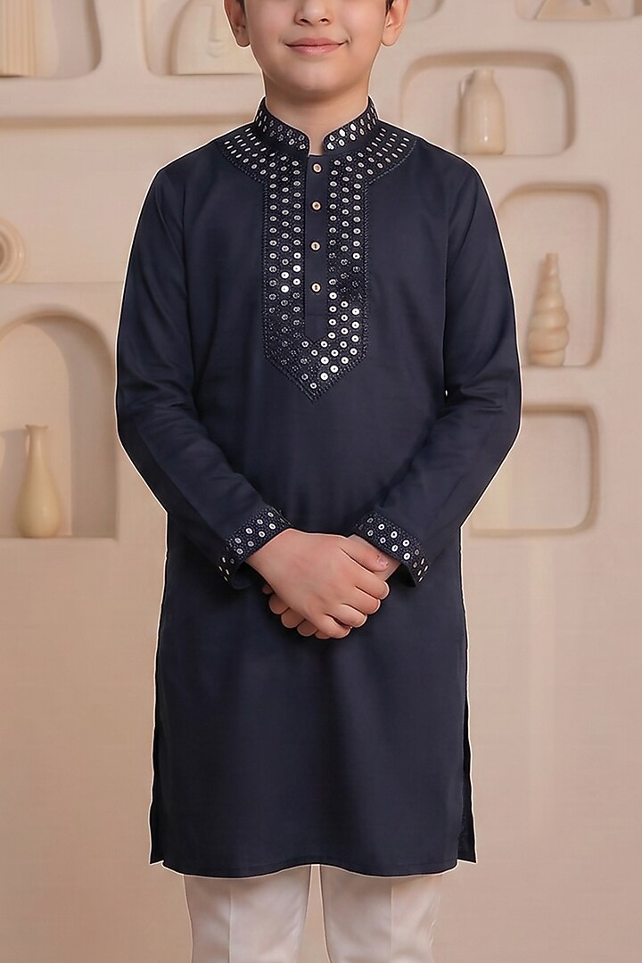 Blue Cotton Mirror Work Kurta Set For Boys by Prateek Munjal Kids at Pernia's Pop Up Shop