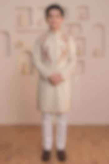 Beige Cotton Embroidered Kurta Set For Boys by Prateek Munjal Kids at Pernia's Pop Up Shop