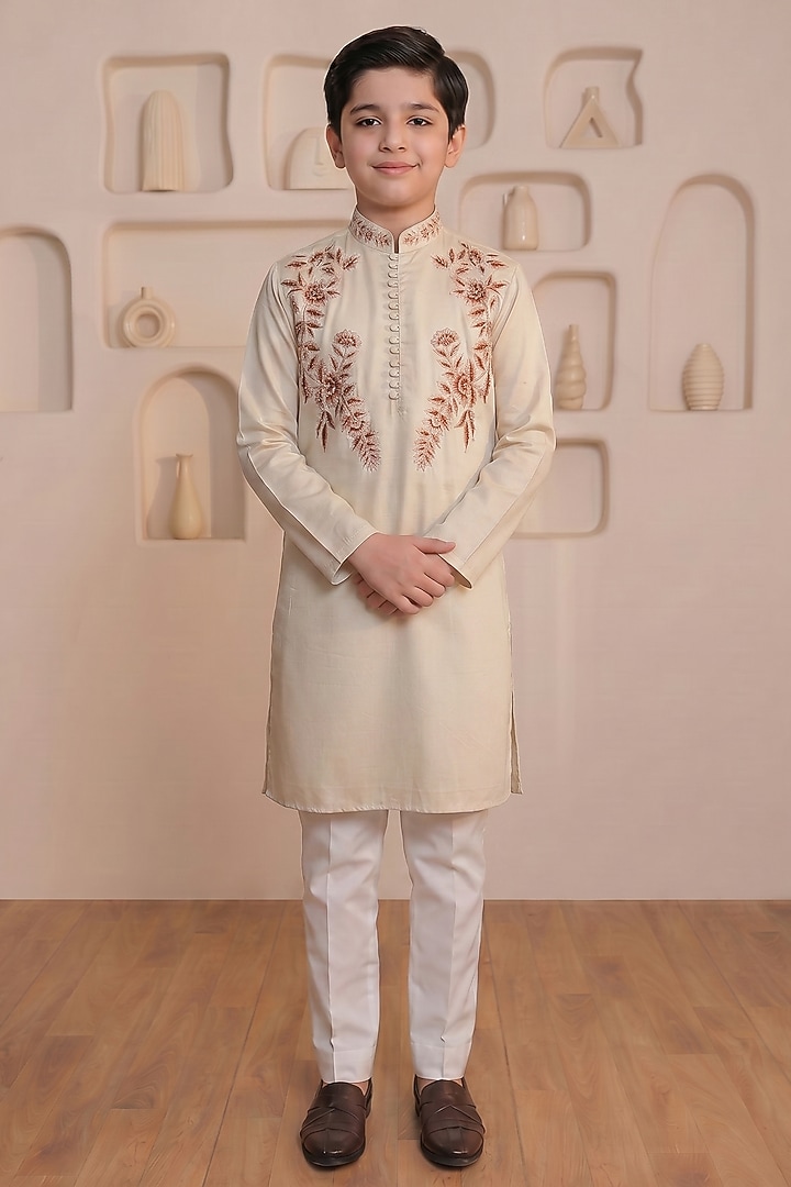 Beige Cotton Embroidered Kurta Set For Boys by Prateek Munjal Kids at Pernia's Pop Up Shop