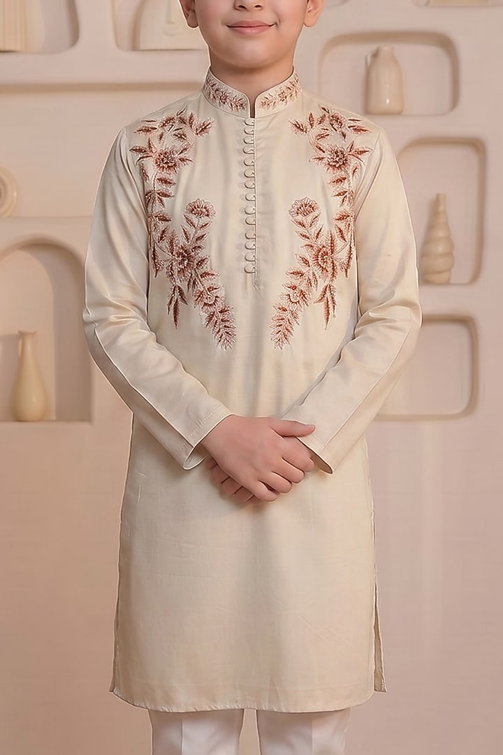 Beige Cotton Embroidered Kurta Set For Boys by Prateek Munjal Kids at Pernia's Pop Up Shop