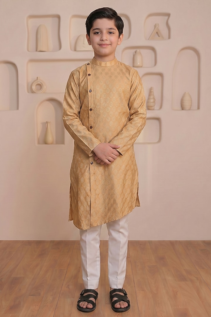 Beige Cotton Asymmetrical Kurta Set For Boys by Prateek Munjal Kids at Pernia's Pop Up Shop