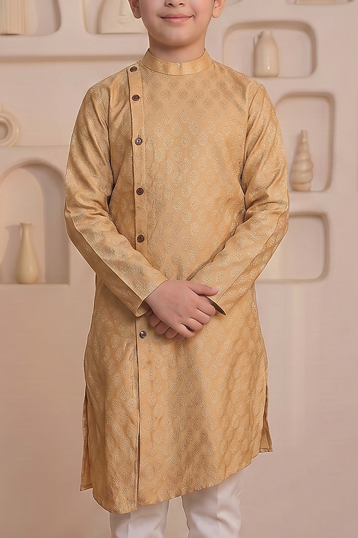 Beige Cotton Asymmetrical Kurta Set For Boys by Prateek Munjal Kids at Pernia's Pop Up Shop