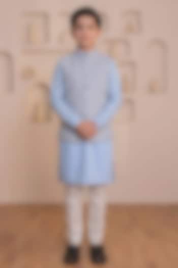 Powder Blue Silk Nehru Jacket Set For Boys by Prateek Munjal Kids at Pernia's Pop Up Shop
