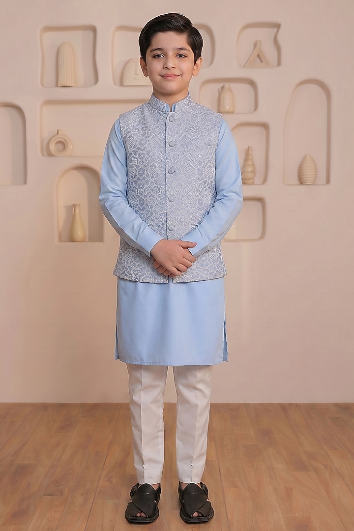 Powder Blue Silk Nehru Jacket Set For Boys by Prateek Munjal Kids at Pernia's Pop Up Shop