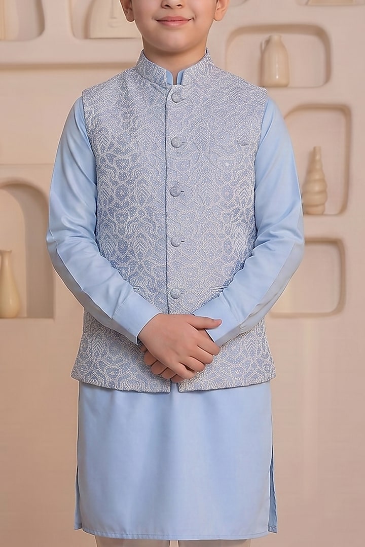 Powder Blue Silk Nehru Jacket Set For Boys by Prateek Munjal Kids at Pernia's Pop Up Shop