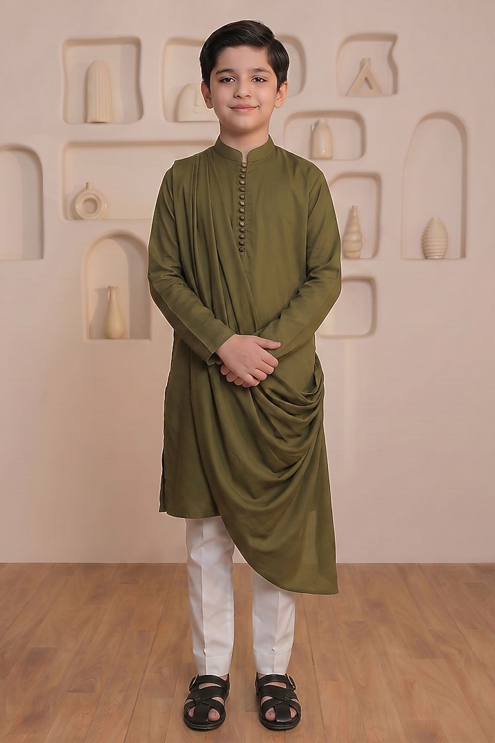 Olive Green Cotton Draped Kurta Set For Boys by Prateek Munjal Kids at Pernia's Pop Up Shop