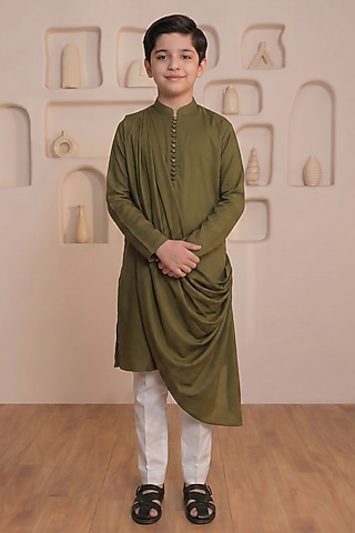 Olive Green Cotton Draped Kurta Set For Boys by Prateek Munjal Kids