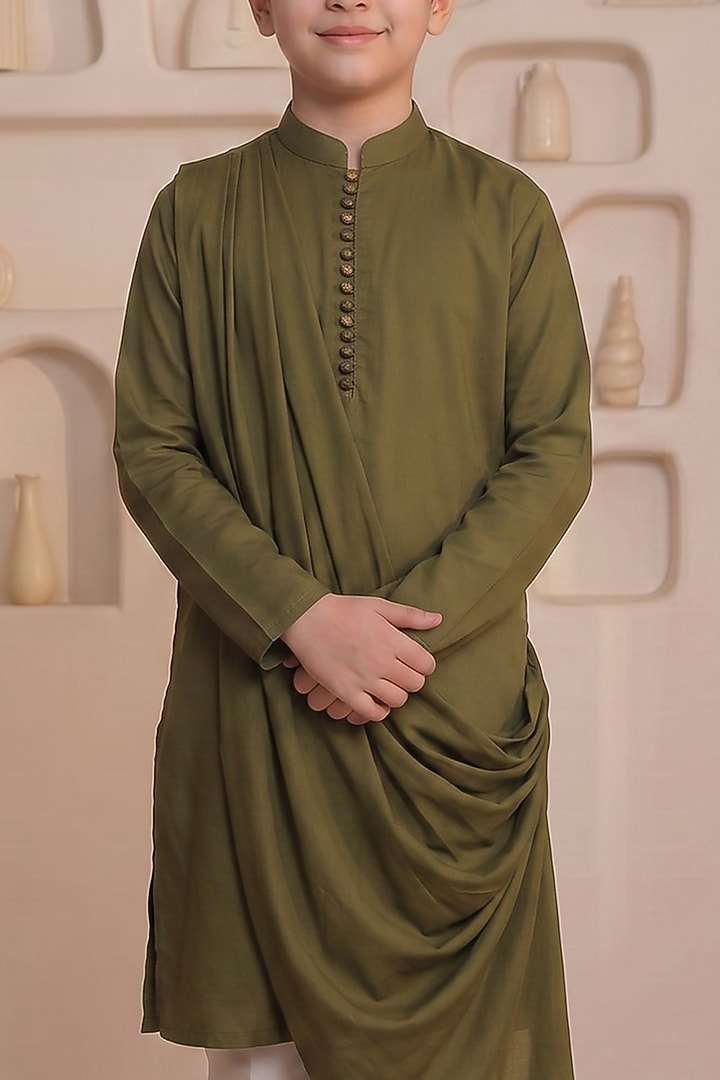Olive Green Cotton Draped Kurta Set For Boys by Prateek Munjal Kids at Pernia's Pop Up Shop