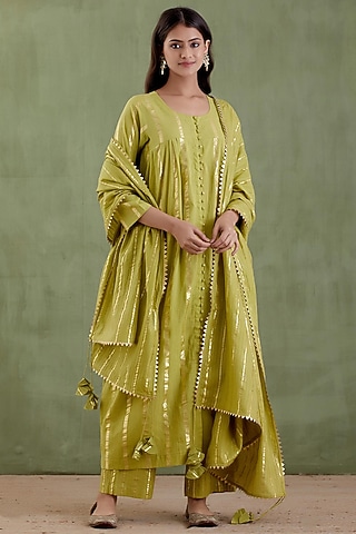 Green Cotton Lurex Gathered Kurta Set by Musal