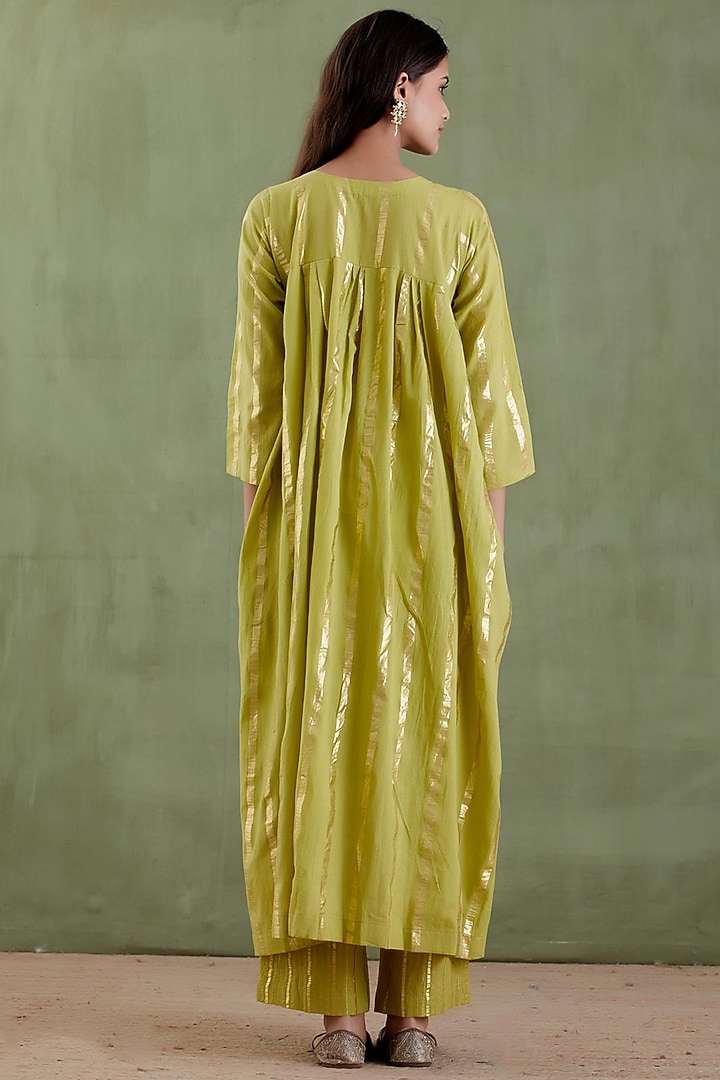 Green Cotton Lurex Gathered Kurta Set by Musal at Pernia's Pop Up Shop