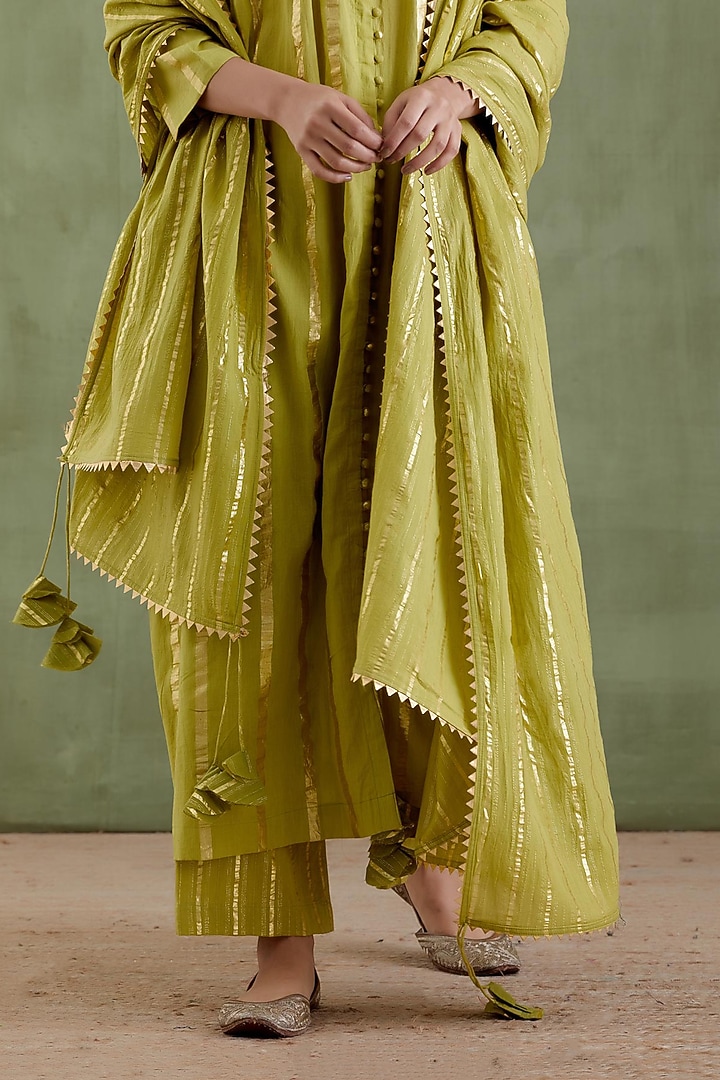 Green Cotton Lurex Gathered Kurta Set by Musal at Pernia's Pop Up Shop