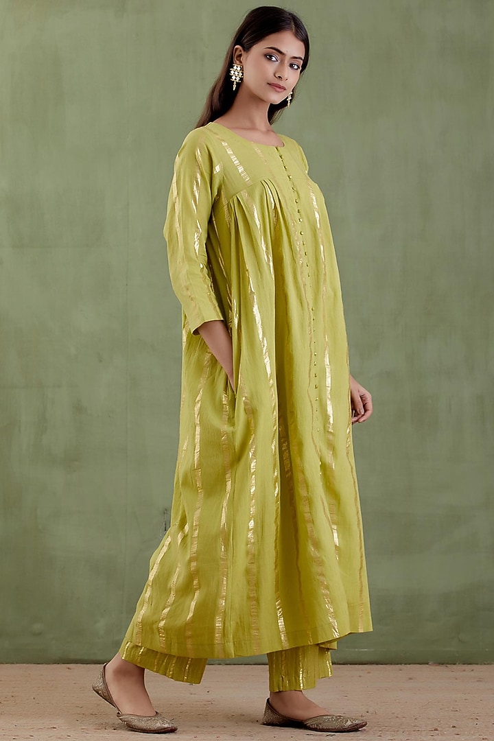 Green Cotton Lurex Gathered Kurta Set by Musal at Pernia's Pop Up Shop