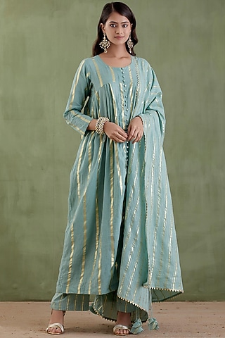 Aqua Cotton Lurex Gathered Kurta Set by Musal