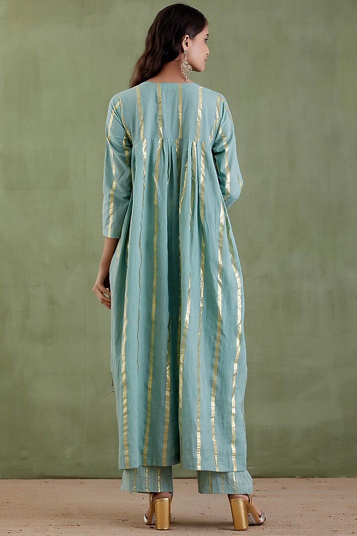 Aqua Cotton Lurex Gathered Kurta Set by Musal at Pernia's Pop Up Shop