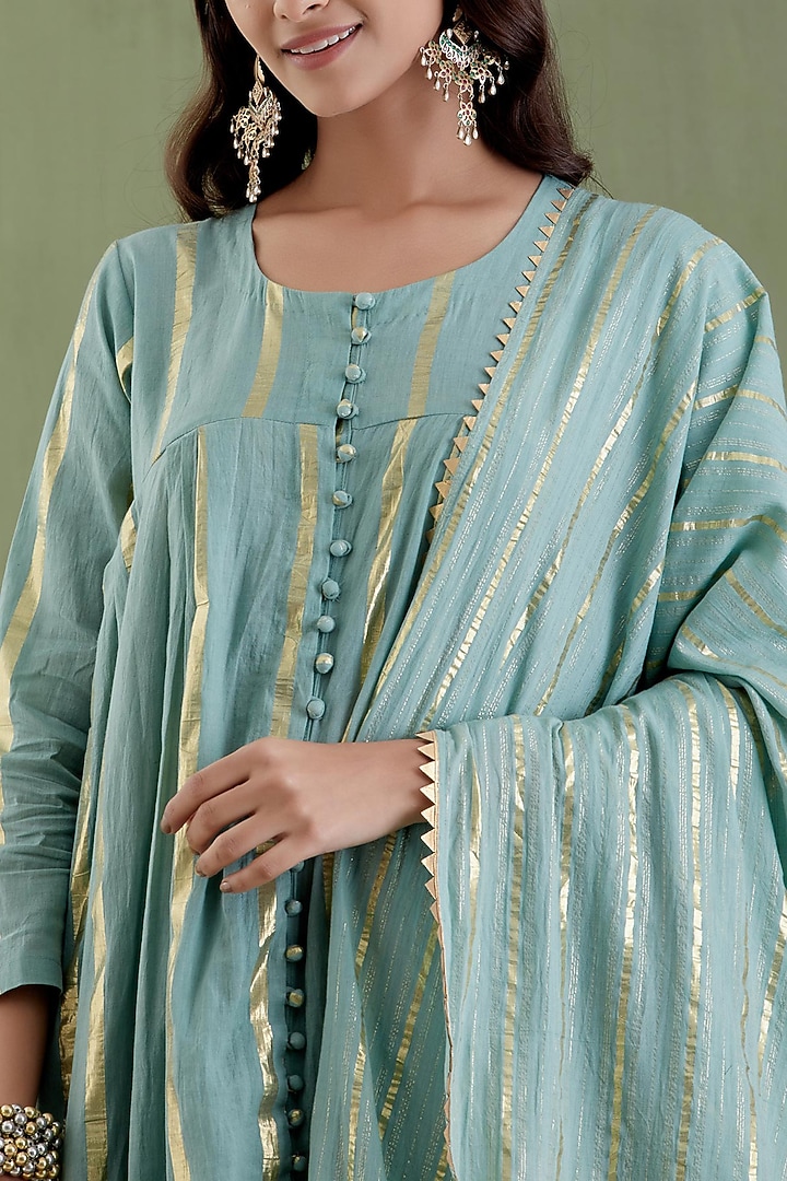 Aqua Cotton Lurex Gathered Kurta Set by Musal at Pernia's Pop Up Shop