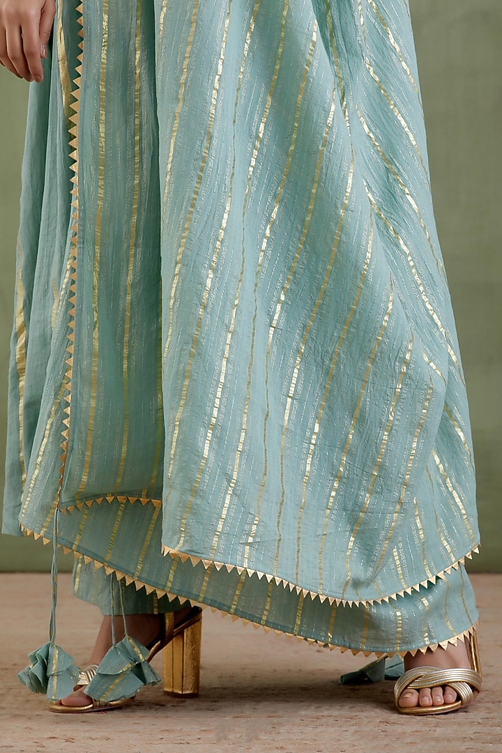 Aqua Cotton Lurex Gathered Kurta Set by Musal at Pernia's Pop Up Shop