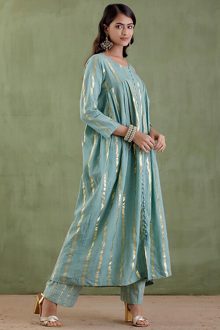 Aqua Cotton Lurex Gathered Kurta Set by Musal at Pernia's Pop Up Shop