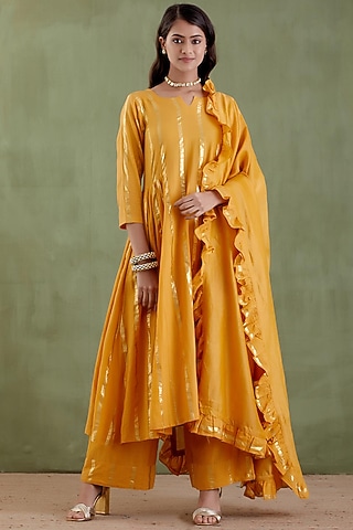 Yellow Cotton Lurex Gathered Kurta Set by Musal