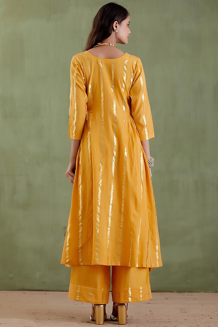 Yellow Cotton Lurex Gathered Kurta Set by Musal at Pernia's Pop Up Shop