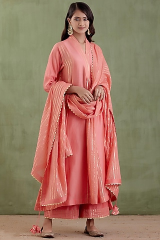 Peach Pink Chanderi Kurta Set by Musal