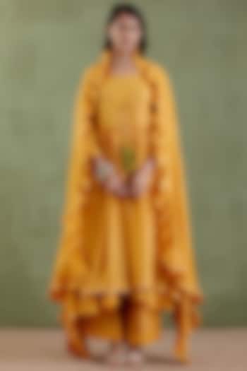 Yellow Chanderi Jacket Set by Musal