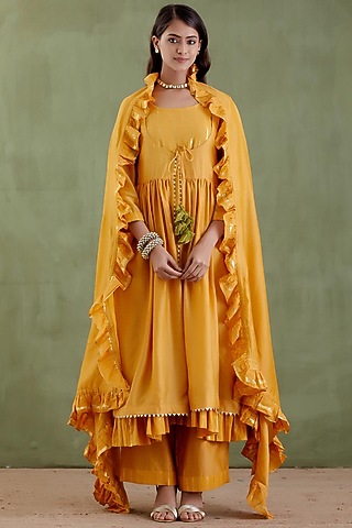 Yellow Chanderi Jacket Set by Musal