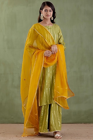 Green Cotton Lurex Kurta Set by Musal
