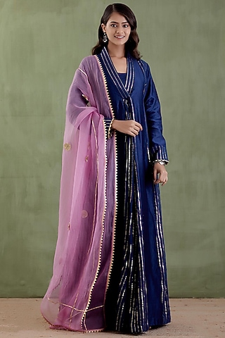 Midnight Blue Paneled Anarkali Set by Musal