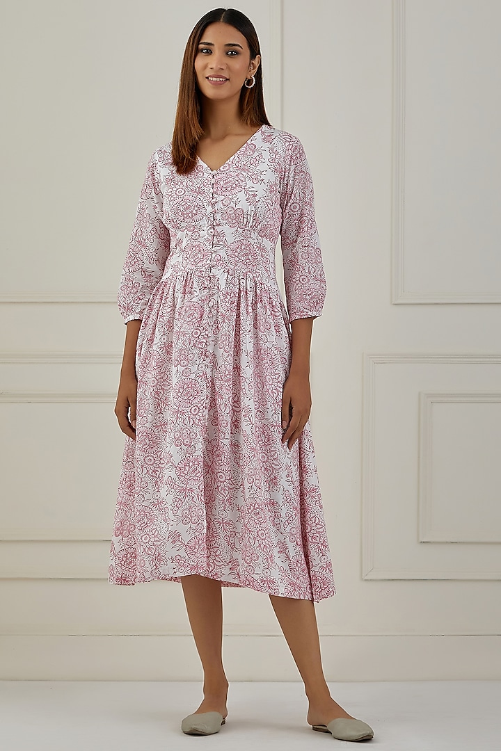 White & Pink Cotton Hand Block Printed Midi Dress by Musal