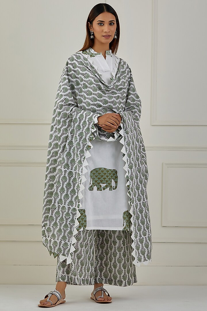 Ivory & Green Cotton Hand Block Printed Kurta Set by Musal at Pernia's Pop Up Shop