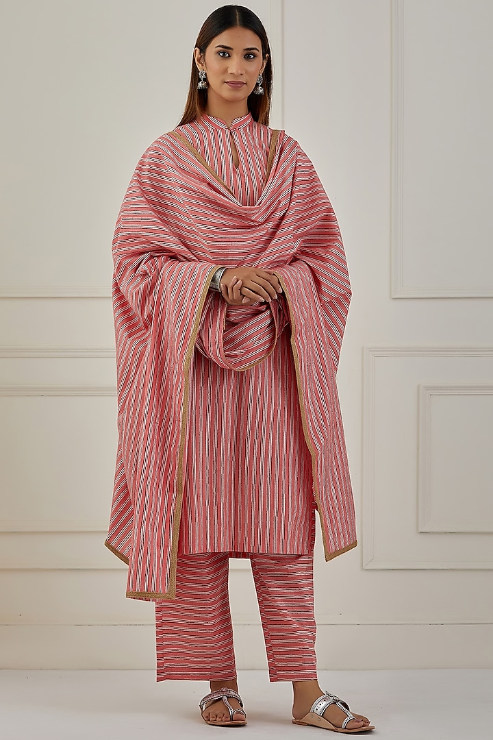 Rouge Pink & White Cotton Hand Block Printed Kurta Set by Musal at Pernia's Pop Up Shop