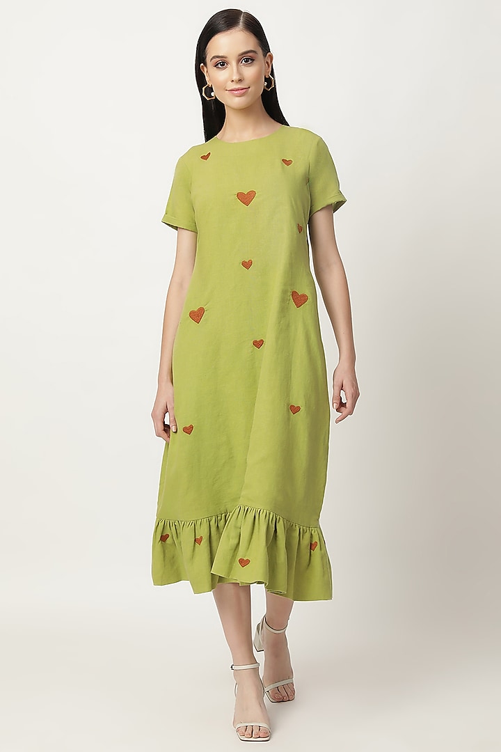 Grass Green Cotton Linen & Voile Embroidered Dress by Musal