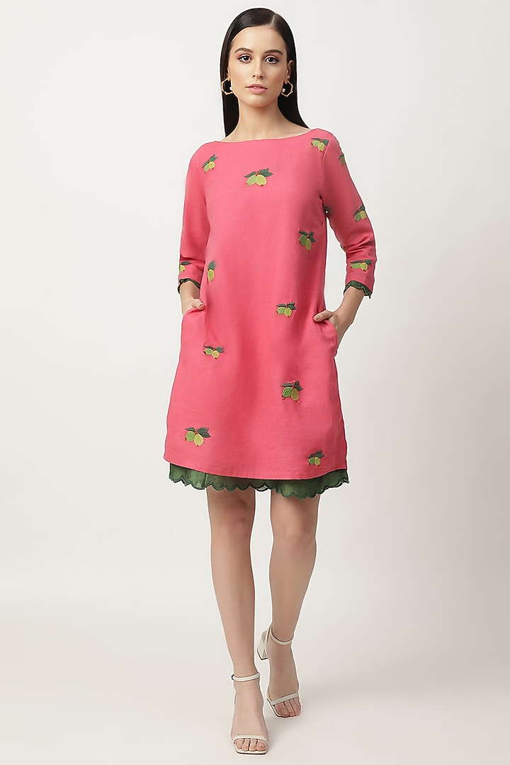 Pink & Green Cotton Linen & Voile Embroidered Dress by Musal