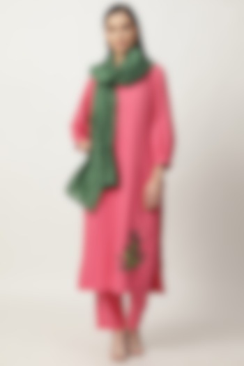 Pink Cotton Linen & Chanderi Embroidered Kurta Set by Musal at Pernia's Pop Up Shop