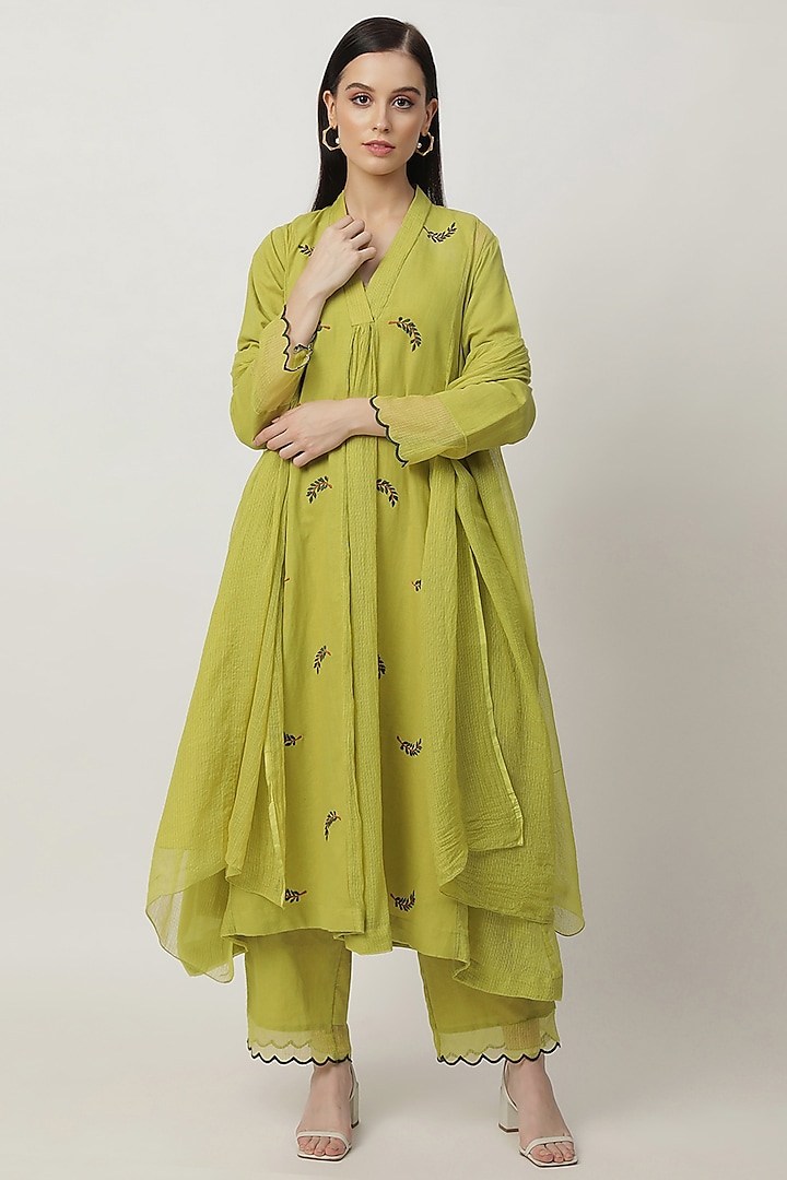 Grass Green Kota Doria Embroidered Kurta Set by Musal