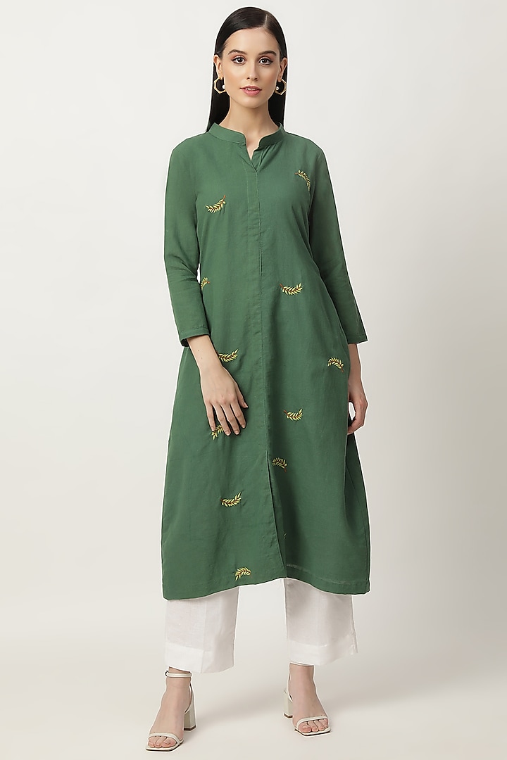 Deep Green Cotton Linen Embroidered Kurta Set by Musal