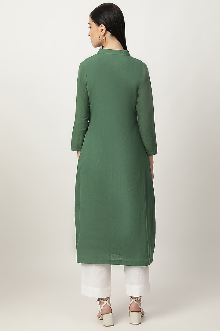 Deep Green Cotton Linen Embroidered Kurta Set by Musal at Pernia's Pop Up Shop
