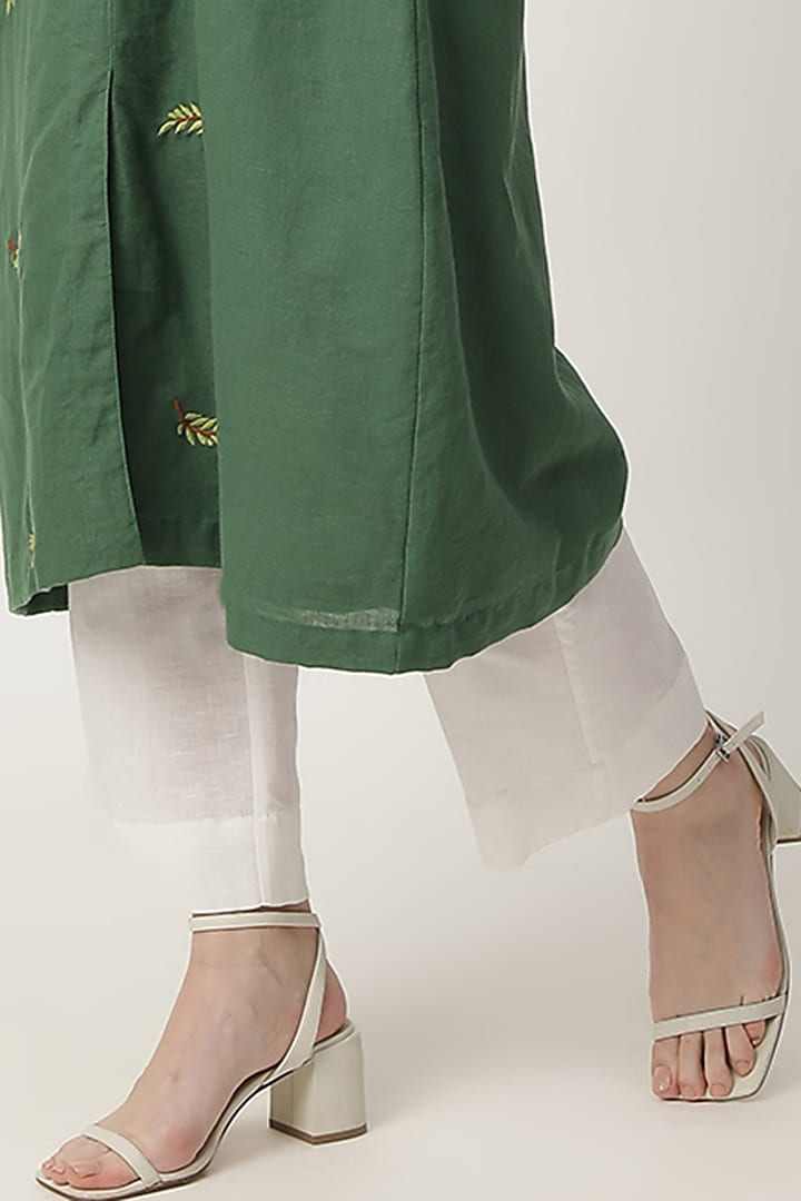 Deep Green Cotton Linen Embroidered Kurta Set by Musal at Pernia's Pop Up Shop